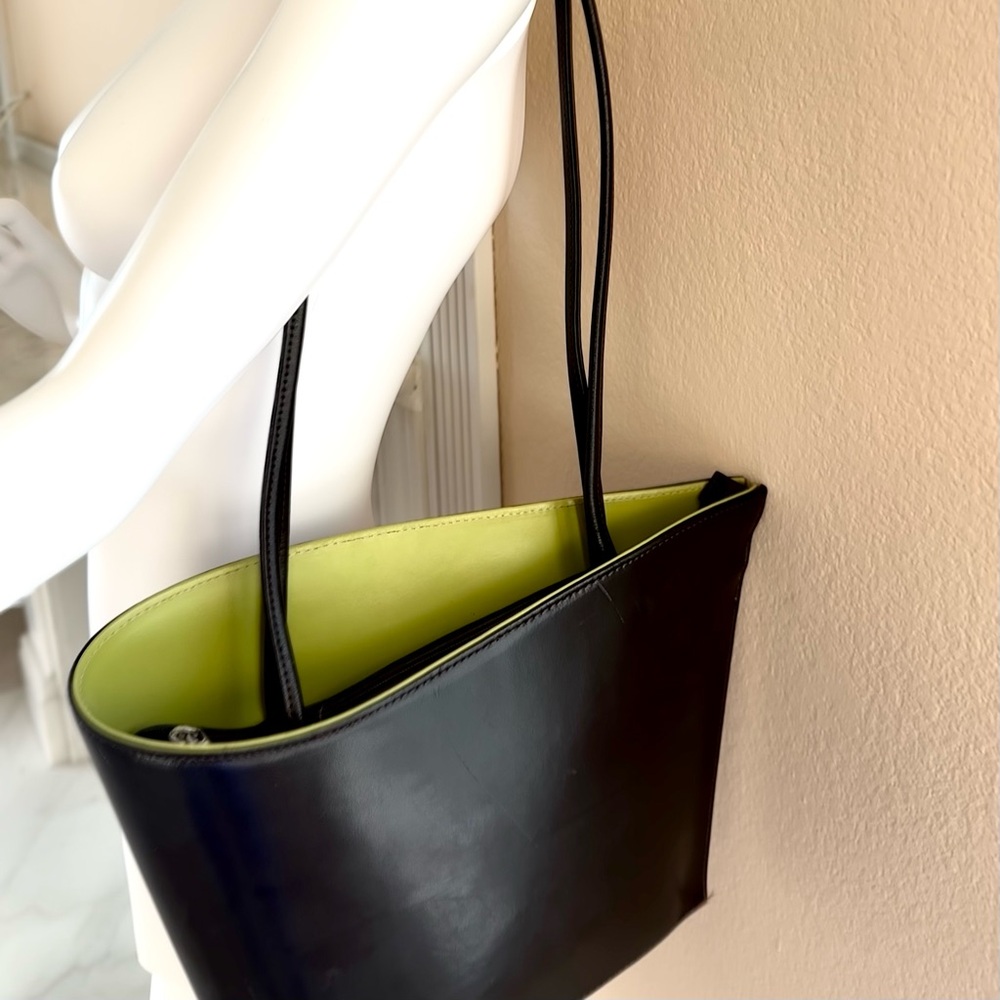 Tiffany & Fred Paris Dark Brown Leather Tote Bag Green Interior - Picture 3 of 12